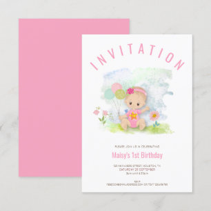 Baby Girl Illustratie Roze Eerste Verjaardag Party Kaart