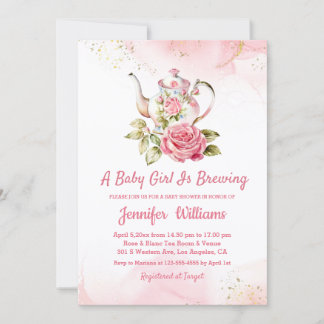 baby girl is brewing pink tea party invitation notitiekaartje