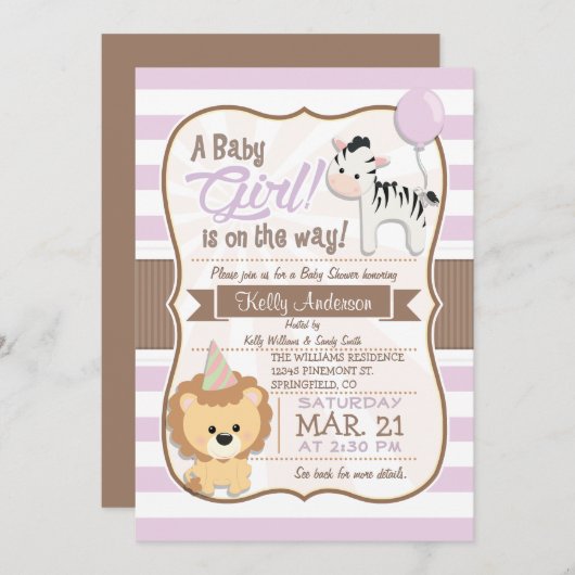 Baby Girl Lion & Zebra Pastel Paarse Baby shower Kaart (Voorkant / Achterkant)