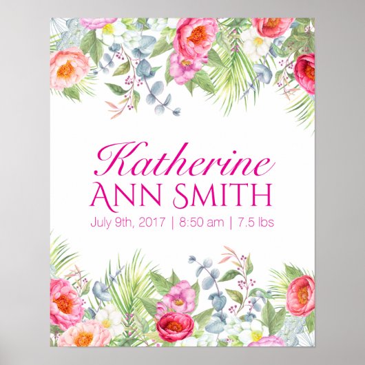 Baby Girl Name Birth Stat Custom Floral Art Poster (Devant)