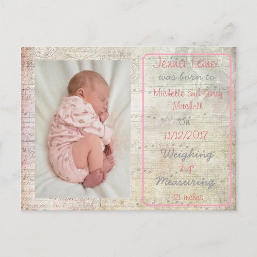 Baby Girl Notes musicales Carte postale Annonce de (Devant)