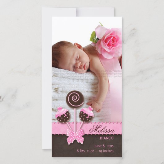 Baby Girl Photocard Faire-part Gâteau Pops rose (Devant)