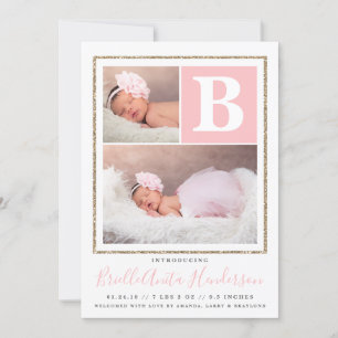 Baby Girl Pink and Gold Glitter Birth Announance Aankondiging