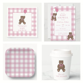 Baby Girl Pink and White Teddy Bear Baby Shower Kaart
