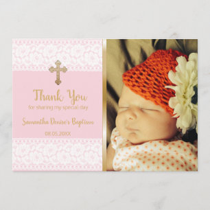 Baby Girl Pink Baptisme Foto Gold Cross Bedankkaart