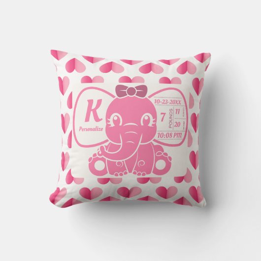 Baby Girl Pink Elephant Birth Stats Hearts Kussen (Voorkant)