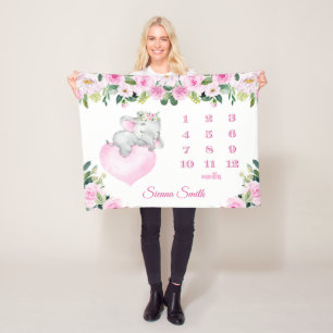 Baby Girl Pink Floral Baby Elephant Milestone Name Fleece Deken