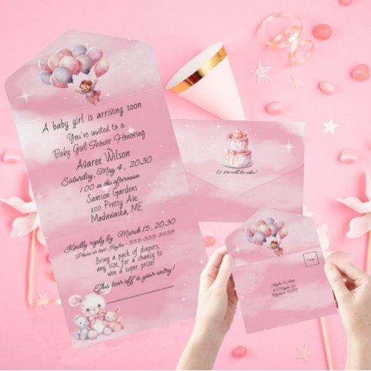Baby Girl Pink Nuages Ballons Douche Invitation