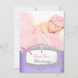 Baby Girl Pink Paars Christening Baptisme Cross Aankondiging