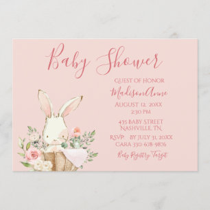 Baby Girl Pink Script Cute Elegant Bunny Baby Kaart