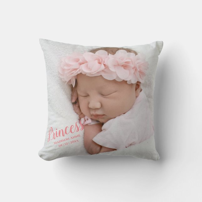 Baby Girl Pink Script Foto Birth Keepomwille Kussen (Voorkant)
