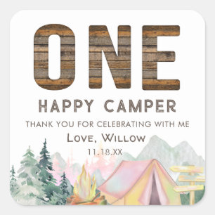 Baby Girl Rustic One Happy Camper Birthday Favors Vierkante Sticker