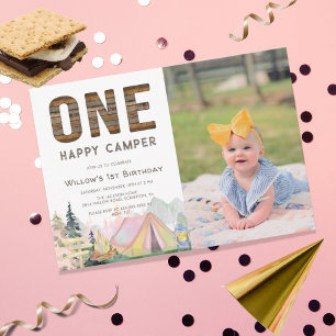 Baby Girl Rustic One Happy Camper Birthday Kaart