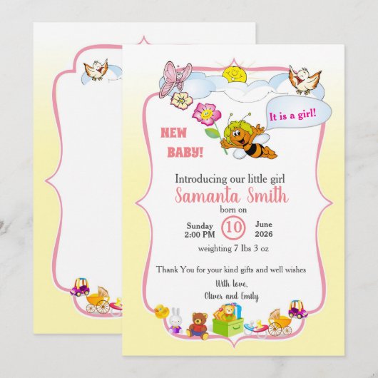 baby girl shower invitation with a cute bee kaart (Voorkant / Achterkant)