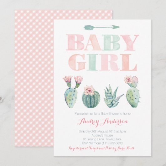 Baby Girl Shower of Sprinkle met Desert Cacti Kaart (Voorkant / Achterkant)