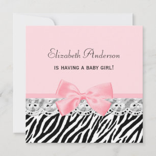 Baby Girl Shower Pink Ribbon and Lace Zebra Print Kaart