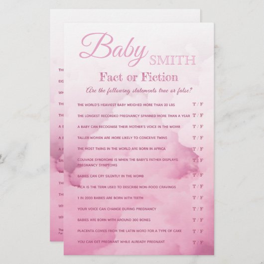 Baby Girl Shower Quiz Fact of Fiction Trivia game (Voorkant / Achterkant)