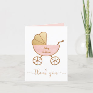 Baby Girl Shower Retro Carriage Pink Gold Bedankkaart