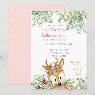 Baby Girl Shower Woodland Forest Boho Deer Floral Kaart