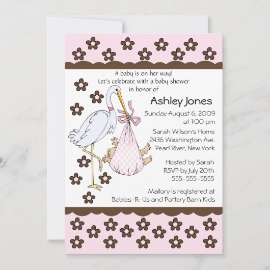 Baby Girl Stork Invitations de douche pour bébés (Devant)