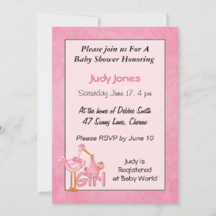 Baby Girl Stork Shower Invitations Kaart