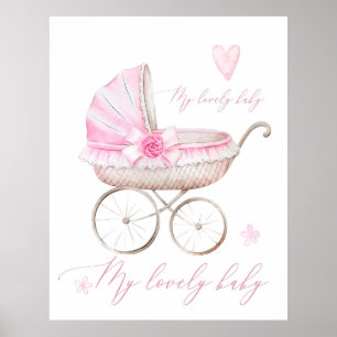 Baby Girl Stroller Newborn Neursery Waterverf Roze Poster