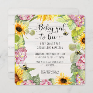 Baby Girl to Bee Sunflower Pink Hydrangeas Shower Kaart