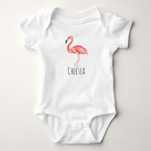 Baby Girl Tropische Waterverf Roze Flamingo Name Romper