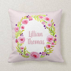Baby Girl Waterverf Flower Wreate & Name Nursery Kussen