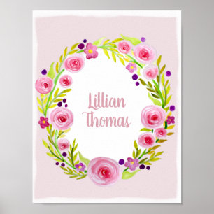 Baby Girl Waterverf Flower Wreate & Name Nursery Poster