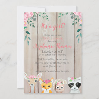 Baby Girl Woodland Animaux Douche Invitation