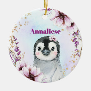 Baby Girls Cute Penguin Pink & Gold 1e mas Keramisch Ornament