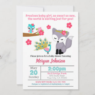 Baby Girls Pink Fox Baby shower Invitation Kaart