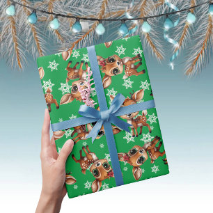 Baby Herten, Fawn, Doe, rendieren 🦌🎄groene sneeu Cadeaupapier