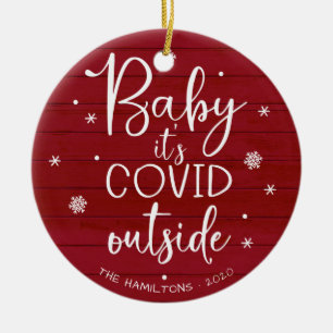 Baby Het is Covid Buiten Funny Kerstrood Wood Keramisch Ornament