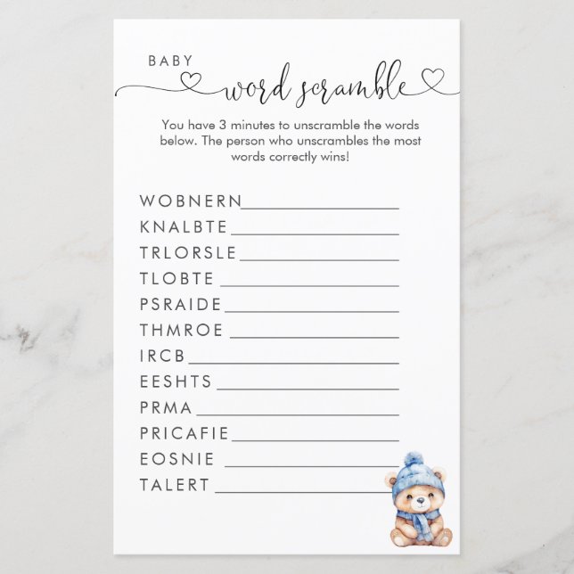 Baby Het is koud buiten Baby shower Word Scramble (Voorkant)