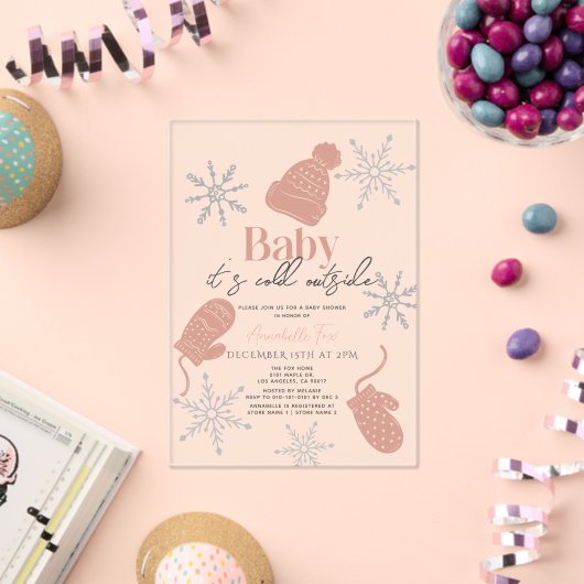 Baby Het is koud buiten Pink Beanie Baby shower Acryl Uitnodigingen (Insitu (Viering))