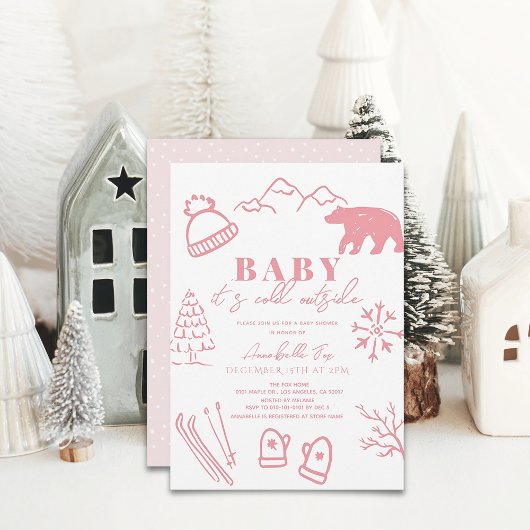 Baby Het is koud buiten Pink Girl Ski Baby shower Kaart