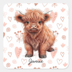Baby Highland Koe Aangepaste naam Vierkante Sticker