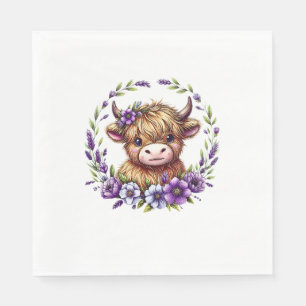 Baby Highland Koe met paarse bloemen Schotse ver Servet
