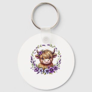 Baby Highland Koe met paarse bloemen Schotse ver Sleutelhanger