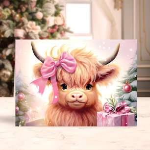Baby Highland Koe Met Roze Strik Kerstmis Feestdagen Kaart