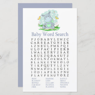 Baby Hippo Baby shower Word Search Game