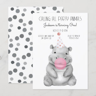 Baby hippo black and white Birthday Invitation Kaart