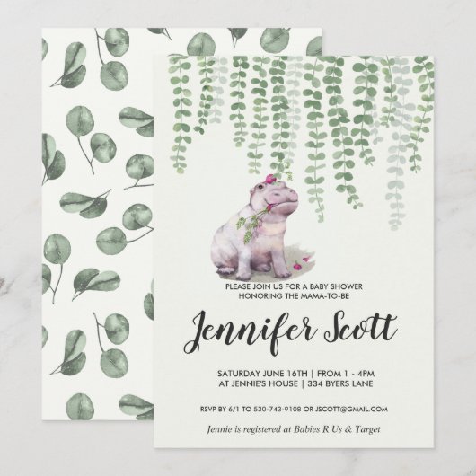 Baby Hippo Jungle Baby shower Invitation (Devant / Derrière)