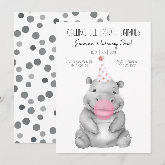 Baby hippo noir et blanc Invitation d'anniversaire (Devant / Derrière)