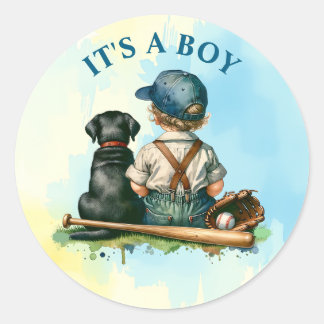  Baby, hond en honkbal | Het is een jongen Ronde Sticker
