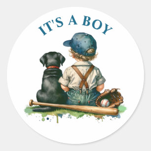 Baby, hond en honkbal Het is een jongen Ronde Sticker