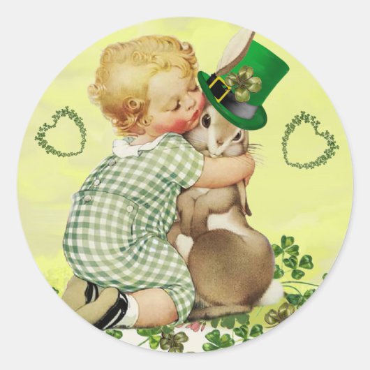 BABY HUGGING RABBIT IRISH ST. PATRICK'S DAY PARTY RONDE STICKER (Voorkant)