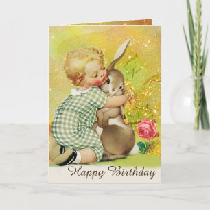 BABY HUGGING RABBIT, roze rozen, gele verjaardag Feestdagen Kaart
